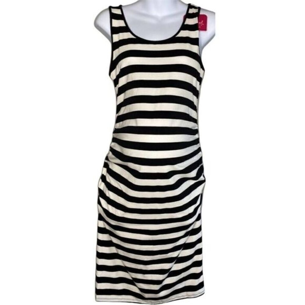 Isabel Maternity Dress Women's MEDIUM Black White Stripe Sleeveless Shirred NEW